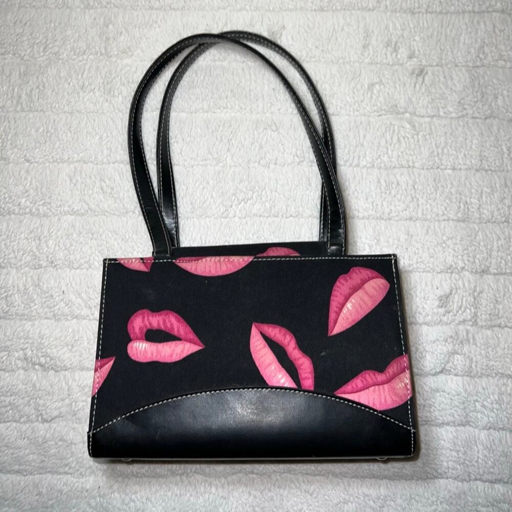 Y2K Black Handbag with Pink Lipstick Lips Print